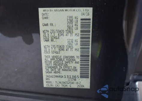 2016 Nissan Murano Platinum из США, поврежденный, VIN 5N1AZ2MH4GN131365